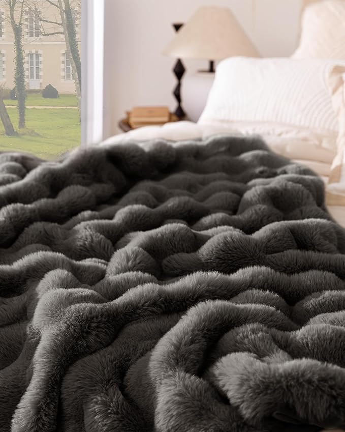 Ultra Soft Cozy Faux Fur Throw Blanket, Fuzzy Plush Thick Bubble Blanket, Oversize Luxury Fluffy Blanket for Couch, Bed, and Living Room, 60x80 Inches, Dark Grey Taupe
