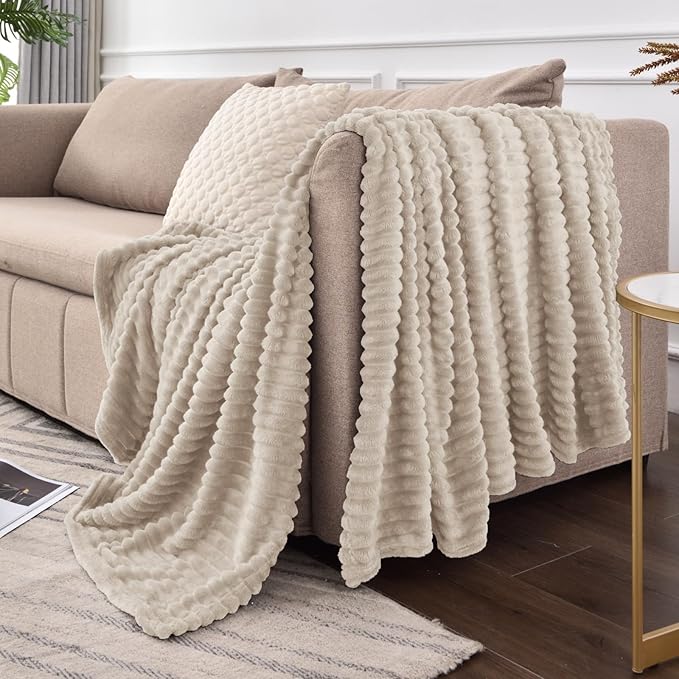BEDELITE Fleece Blanket Twin Size – 3D Ribbed Jacquard Soft and Warm Decorative Fuzzy Blankets – Cozy, Fluffy, Plush Lightweight Throw Blankets for Couch, Bed, Sofa(Linen, 60x80 inches)