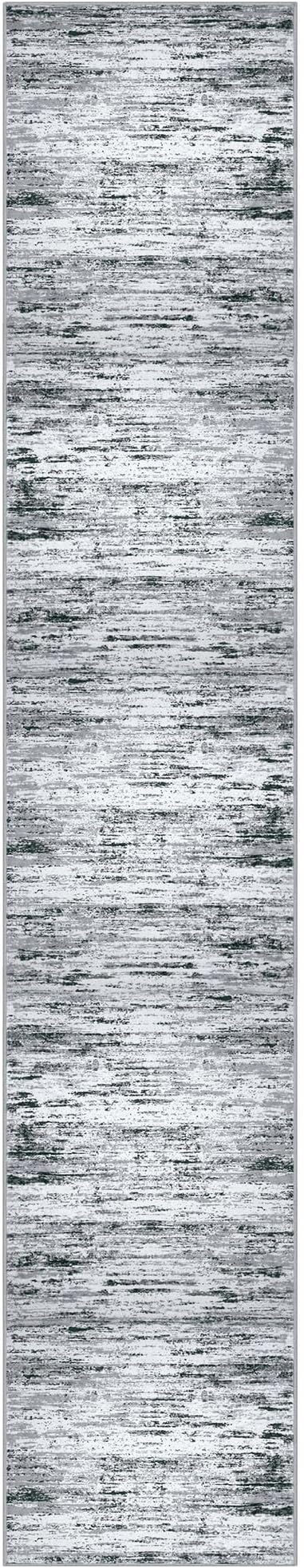 Lansny Modern Abstract Runner Rug 2.6x16, Black Grey White Washable Long Kitchen Runner Non-Slip Soft Hallway Rug Runner Thin Print Faux Wool Carpet for Entryway Bedroom Laundry Room Indoor Home Decor