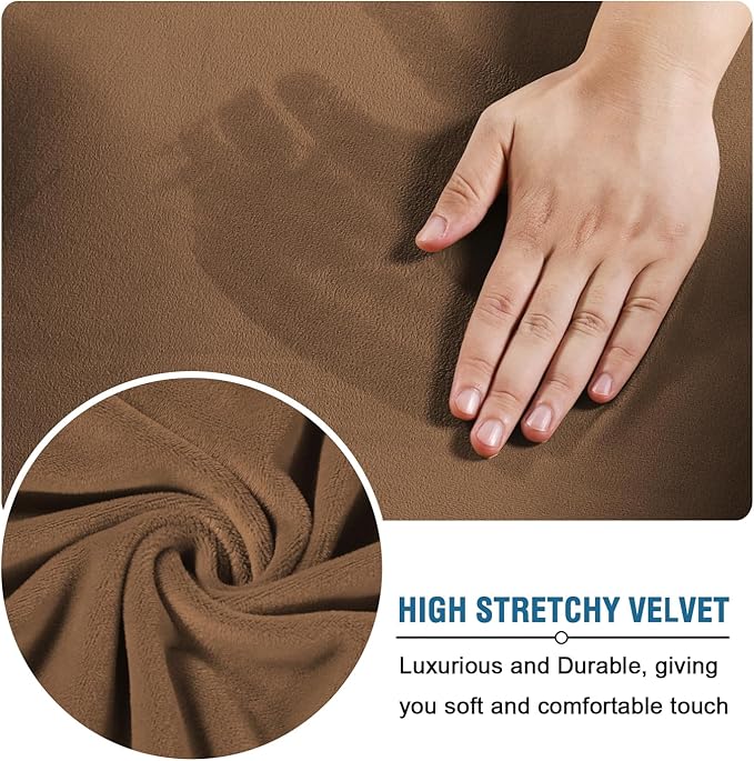 H.VERSAILTEX Real Velvet Plush 3 Piece Stretch Sofa Covers Couch Covers for 2 Cushion Couch Loveseat Covers Width Up to 72 Inch Thick Stay in Place (Medium Sofa, Caramel)