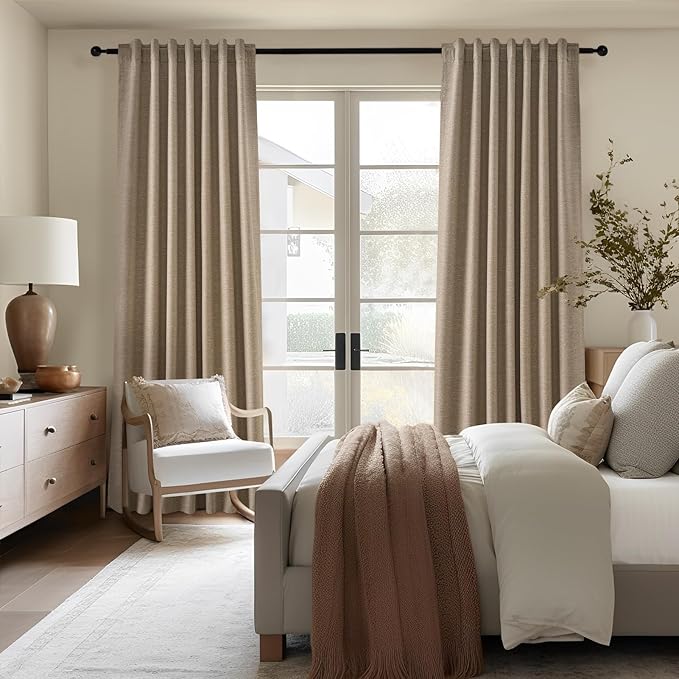 Topfinel 94 Inches Long Taupe Flax Custom Blackout Linen Curtains, Viral Ivory Pinch Pleated Noise Cancelling Curtains with Pin Hooks for Traverse, Burlap Viral Drapes 2 Panels for Living Room
