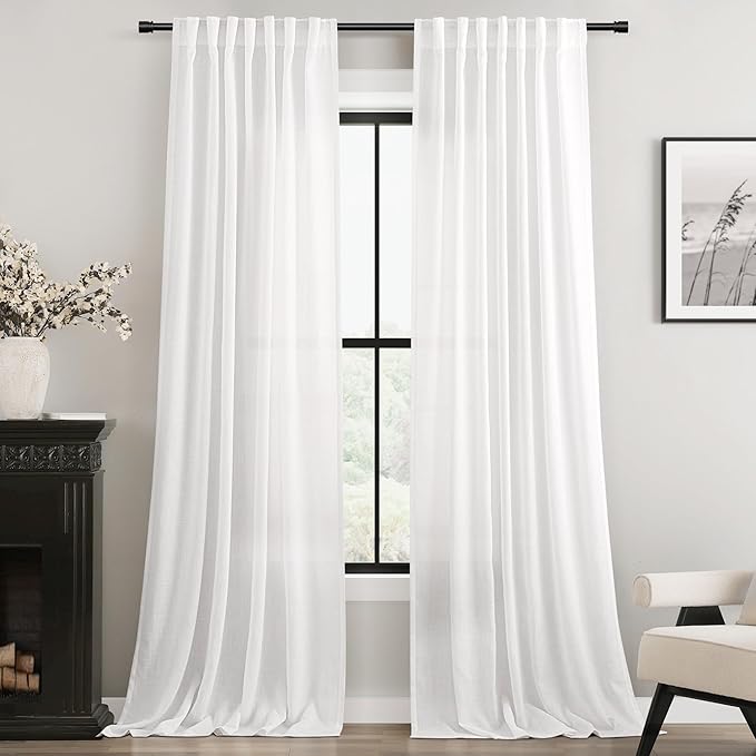 Extra Long White Curtain 132 inches Long 2 Panels Set Back Tab Light Filtering Cotton Textured Curtain Modern Farmhouse Coastal Decor Off White Linen Drapes 132 inch Length for Large Window 11 FT Tall