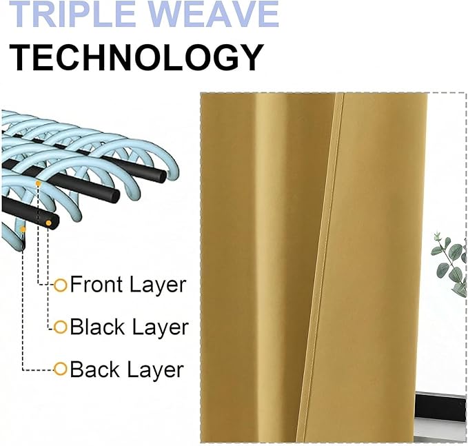 Simplebrand Blackout Extra 10ft Curtains for Patio 120 Inches Long 2 Panels Set, Solid Thermal Insulated Energy Saving Rod Pocket Window Treatment Curtains Blackout Drapes, 50" Wx120 L, Bright Gold