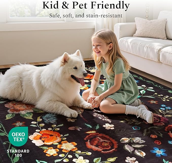 Rugflix 5x7 Washable Area Rug for Living Room, Soft Non Slip Low Pile Carpet, Floral Vintage Stain Resistant Rugs for Bedroom, Dining Room, Home Office, Black