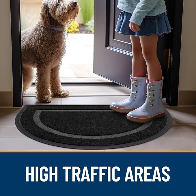 OLANLY Half Circle Door Mat Indoor Outdoor Entrance Welcome, Waterproof All-Season, All-Weather Doormat, Sturdy Natural Rubber, Low Profile, Easy Clean Patio Porch Entryway Mat, 47x32, Black