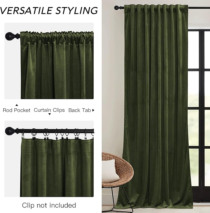 RYB HOME Green Velvet Curtains 102 inches with Hook Belt, Soft Fabric Room Darkening Thermal Insulated Luxurious Home Decor Curtains for Living Room Bedroom, W 52" x L 102", 2 Panels Set