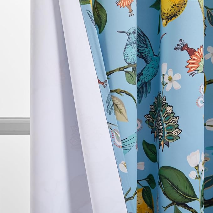 Topfinel 54 Inches Long Short Blue Blackout Curtains for Cafe Kitchen, Grommet Room Darkening Luxury Floral Lemon Hummingbird Patterned Waverly Colorful Drapes for Living Room Bedroom