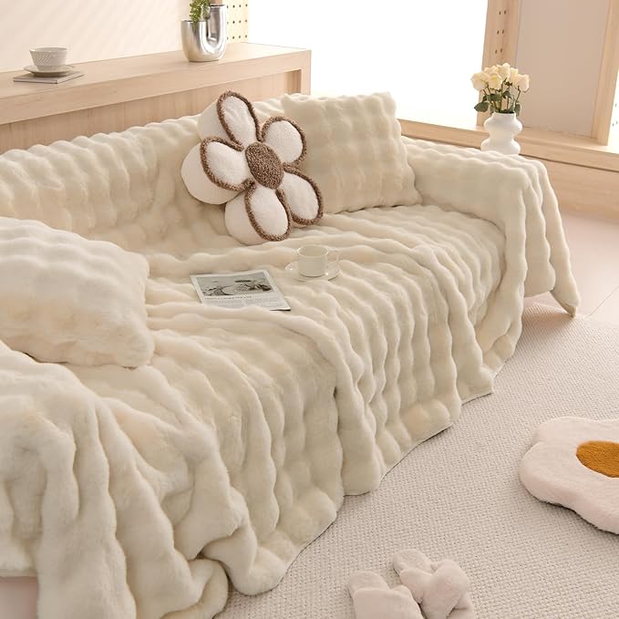 HANDONTIME Shaggy Couch Cover for Dogs Rabbit Plush Loveseat Cover Dog Couch Cover Protector Plush Faux Fur Couch Covers for Sectional Sofa Cozy Washable Sofa Covers for Living Room, 71" X134", Beige