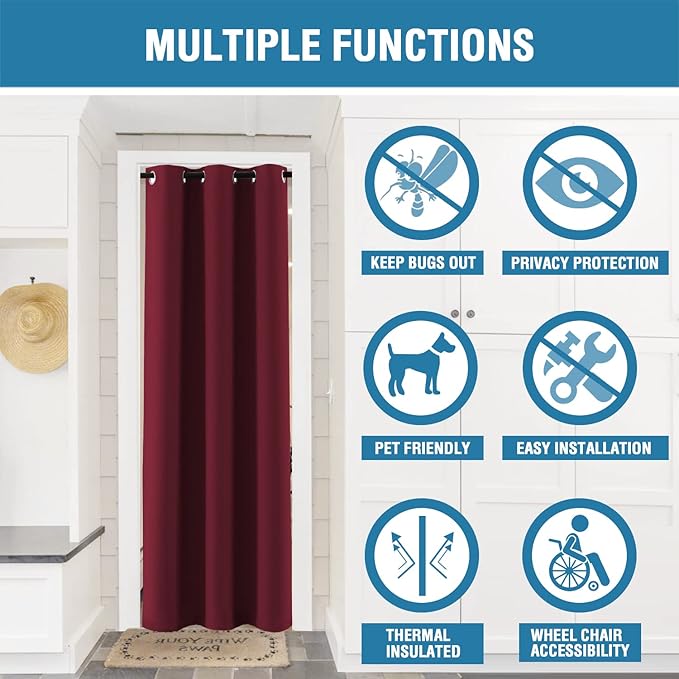 H.VERSAILTEX Christmas Doorway Curtain Blackout Door Curtain Room Divider Window Treatment Curtain for Bedroom Thermal Insulated Privacy Drape Soundproof Grommet, 42 x 80 inches, 1 Panel, Burgundy