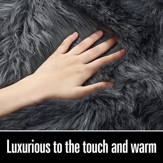 LOCHAS Soft Fluffy Faux Fur Rugs for Bedroom Bedside Rug 2x4 Feet, Washable, Furry Sheepskin Area Rug for Living Room Girls Room, Luxury Shag Carpet Home Decor, Dark Grey