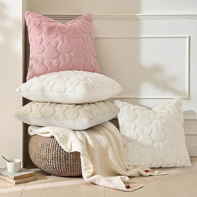 decorUhome Easter Bunny Pillow Covers 12x20 Inch Set of 2, Soft Plush Faux Wool Jacquard Pink Rabbit Cushion Covers, Farmhouse Neutral Spring Easter Holiday Decor for Couch Sofa Bed