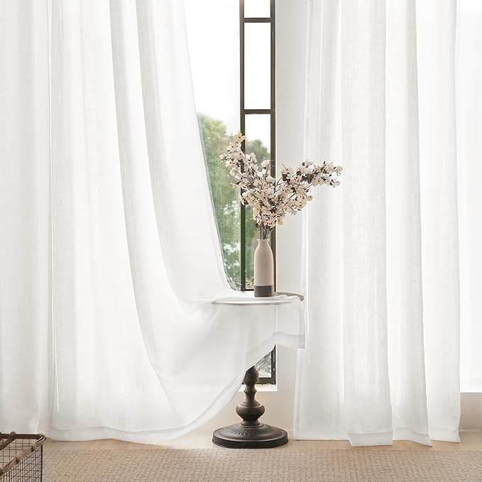 Extra Long White Curtain 120 inches Long 2 Panels Set Back Tab Light Filtering Cotton Textured Curtain Modern Farmhouse Coastal Decor Off White Linen Drapes 120 inch Length for Large Window 10 FT Tall