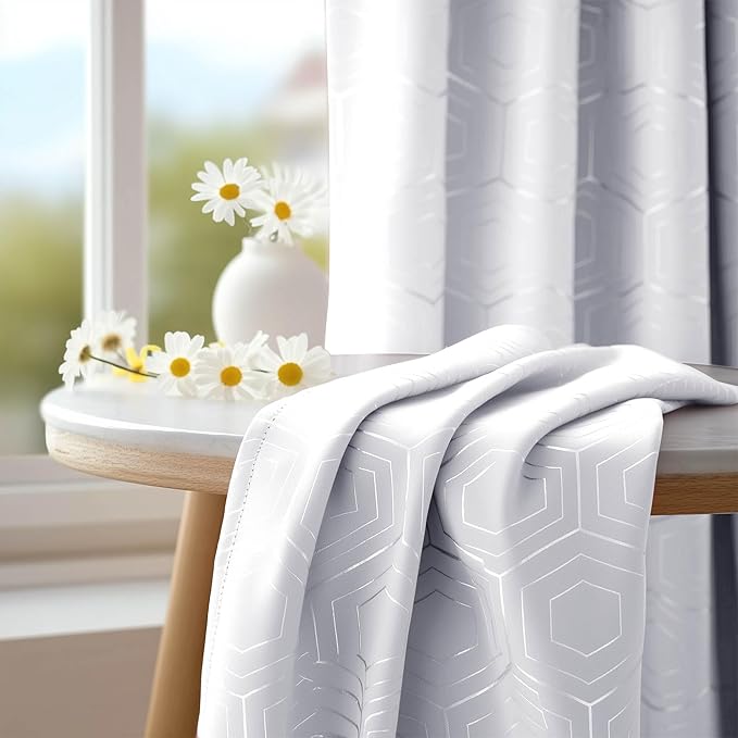 Deconovo White Curtains, Room Darkening Living Room Curtain, Thermal Insulated Soundproof Drapes, Hexagon Silver Print Pattern, 52 x 72 Inch, Grommet Panel for Bedroom Kitchen Office Nursery, Set of 2