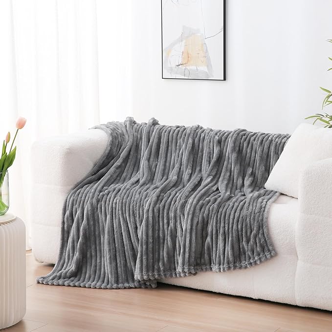 Grey Fleece Throw Blanket 60”×80” for Couch Sofa Bed,Super Soft Cozy Plush Microfiber Flannel Blanket with Stripes Design Lightweight for Adults,Woman,Girls