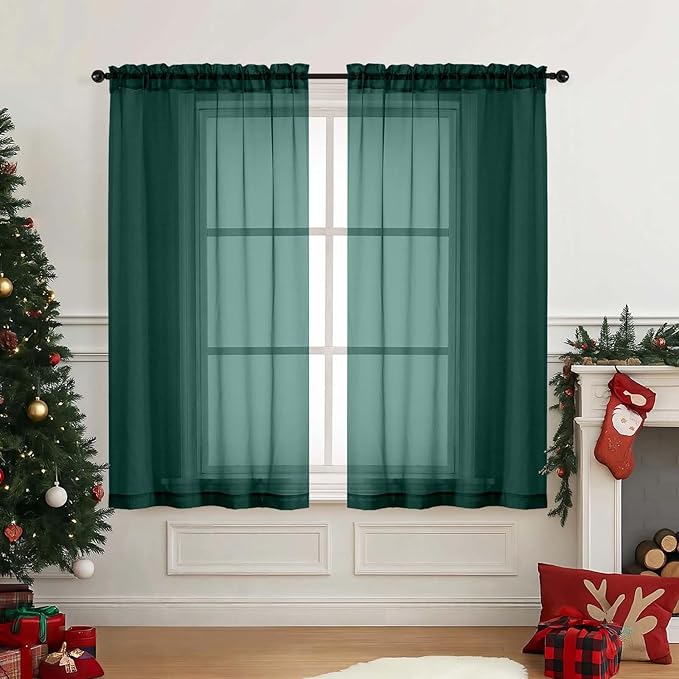 Green Window Sheer Curtains 54 inch Length, Soft Airy Light Filtering Sheer Curtain 2 Panels Set, Dual Rod Pocket Gauze Drapes for Living Room Bedroom, Hunter Green, 2x42Wx54L Inches