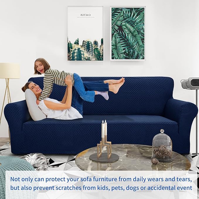 ZNSAYOTX 1 Piece Jacquard Couch Covers for 2 Cushion Couch High Stretch Loveseat Slipcover for Pets Dogs Anti Slip Love Seat Sofa Slipcover Furniture Protector (Loveseat, Navy Blue)