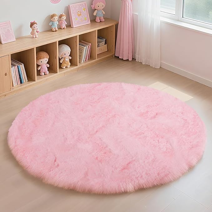 yulidayang Pink Fluffy Round Area Rugs for Bedroom,4ft Shag Circle Area Rugs for Girls Room,Non Slip Fuzzy Plush Rug for Kids Room Living Room and Dorm Home Decor Rug