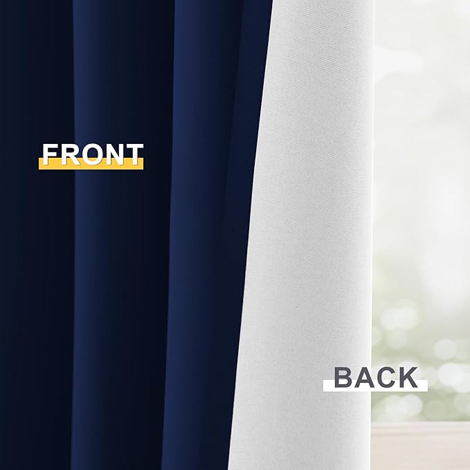 Yakamok 100% Blackout Curtain Panels 63 inches Cold and Light Blocking Drapes for Nursery, 2 Thick Layers Thermal Insulated Draperies (2 Pieces, 50 Wide Each Panel, Navy Blue/White Backing)