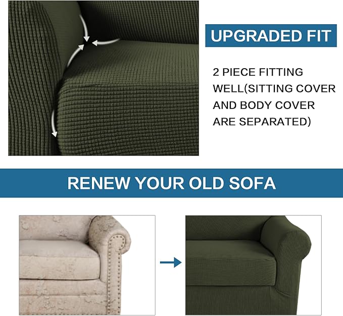 H.VERSAILTEX 2 Piece Couch Cover Stretch Stylish Chair Cover Furniture Cover/Protector Featuring Jacquard Textured Twill Fabric, High Spandex Slipcover Machine Washable (Chair, Olive)