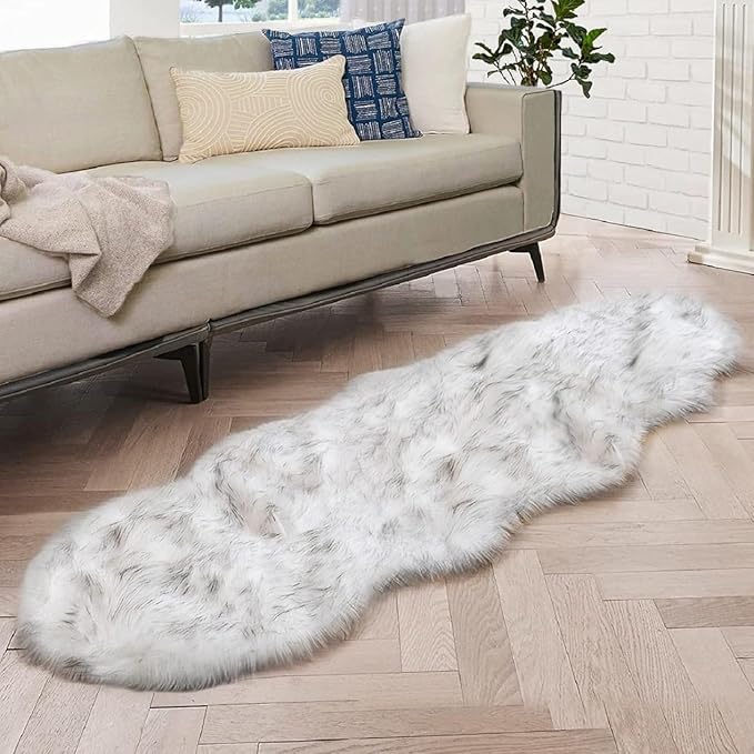 ORINOVA White and Grey Ultra Soft Faux Fur Shaggy Runner Rug 2x6 for Nursery Teen Room Dormitory Living Room Washable Furry Area Rug Décor
