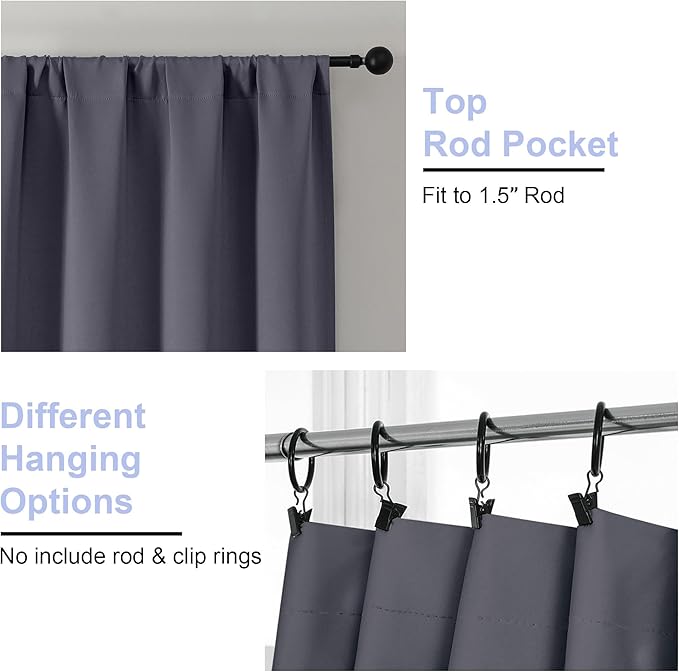 Simplebrand Ava Grey Blackout Curtains for Bedroom 63 Inch Length 2 Panels Set, Solid Thermal Insulated Energy Saving Rod Pocket Window Treatment Curtains Blackout Drapes, W40 x L63 Inch, Grey