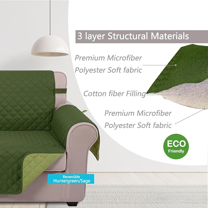 U-NICE HOME Recliner Chair Covers Reversible Quilted Water Repellent Pet Protectors with Elastic Straps (23''Recliner Small, Huntergreen/Sage)