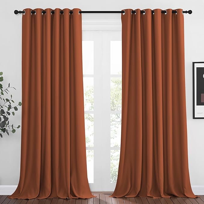 NICETOWN Bedroom Blackout Curtains Panels - Triple Weave Energy Saving Thermal Insulated Solid Grommet Blackout Draperies for Patio (80 inches by 108 Inch,Burnt Orange, Set of 2)