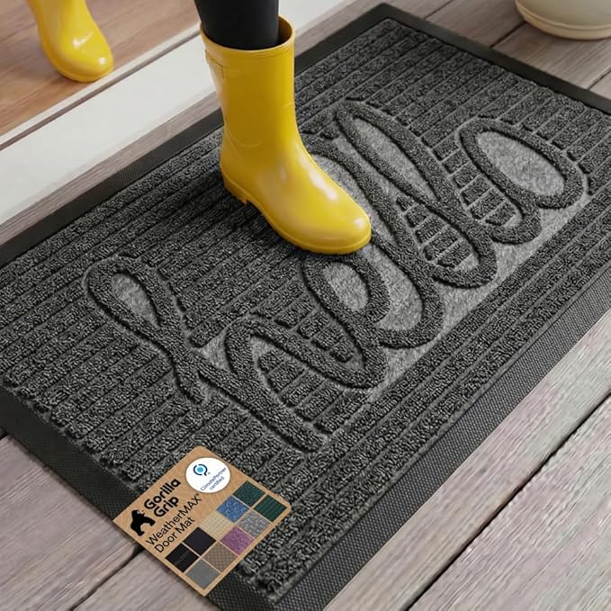 GORILLA GRIP 100% Waterproof All-Season WeatherMAX Doormat 35x23, US Designed Natural Rubber, Stain and Fade Resistant, Low Profile Indoor Outdoor Door Mats, Easy Clean Patio Mat, Charcoal Hello