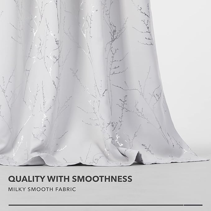 Deconovo Greyish White Curtains, Room Darkening Short Curtain, Thermal Insulated Soundproof Drapes, Silver Branch Print, 42 x 45 Inch, Grommet Window Panel for Small Windows Bedroom Kitchen, Set of 2