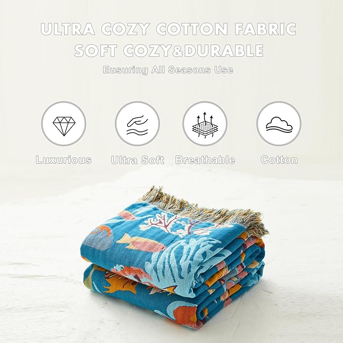 MSGKV Throw Blanket for Couch Cotton Cute Ocean Animals Blanket 50"x60" Sofa Chair Blankets Muslin Spring Breathable All Seasons Lightweight Farmhouse Home Decor