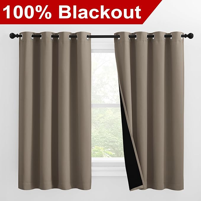 NICETOWN 100% Blackout Curtains with Black Liners, Thermal Insulated Full Blackout 2-Layer Lined Drapes, Noise Cancellation Window Draperies for Dining Room (Taupe, 2 Panels, 55-inch W by 57-inch L)