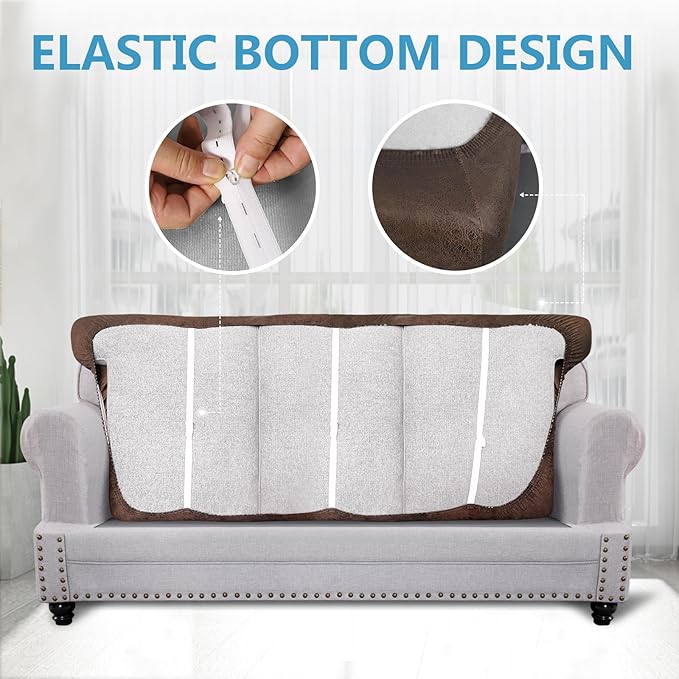 Leather Look Couch Cushion Covers Sofa Seat Slipcovers Sets Couches Furniture Protector for Sectional Armchair Loveseat Pets Kids Stretch Spandex Fabric (3 T-Cushion Sofa, Brown)