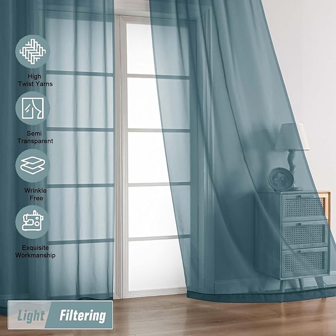 Dusty Blue Sheer Curtains 90 Inches Long 2 Panels, Light Filtering Solid Sheer Curtains for Bedroom Living Room, Lightweight Soft Airy Voile Sheer Drapes, Dual Rod Pocket, 2x42Wx90L Inches