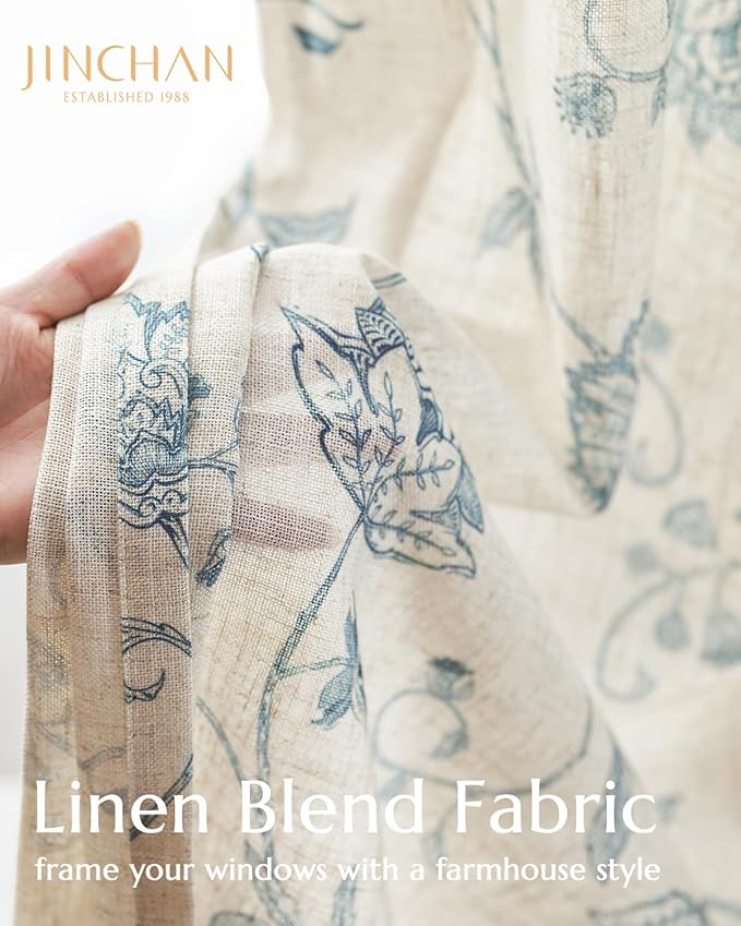 jinchan Linen Curtains Floral Curtain 84 Inch Length for Living Room Bedroom Light Filtering Rod Pocket Back Tab Jacobean Curtains Flax Linen Texture Window Drapes Set 2 Panels Blue on Linen