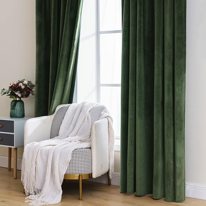 MIULEE Velvet Curtains 120 inches - Luxury Blackout Curtains for Bedroom Living Room Thermal Insulated Super Soft Window Drapes Rod Pocket & Back Tab, Olive Green, W52 x L120 inches, 2 Panels