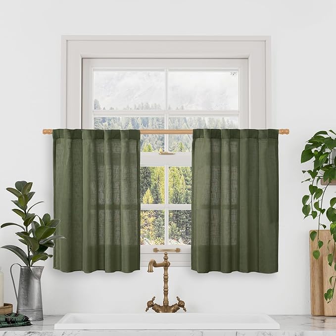 LAMIT Christmas Short Linen Curtains 36 Inch Length 2 Panels, Olive Green Light Filtering Panels Back Tab and Rod Pocket Neutral Cafe Drapes for Bathroom/Small Windows, 34 x 36 Inch