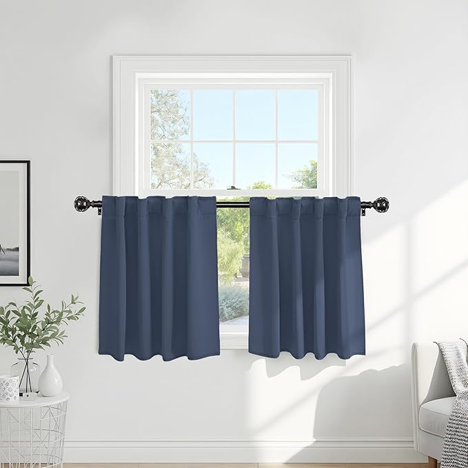 Pony Dance Short Length Curtains for Kitchen, Solid Half Window Curtain Tiers for Bathroom Energy Saving Privacy Shade for RV Camper, 34x36 Inch, Blue Haze, 2 Panels