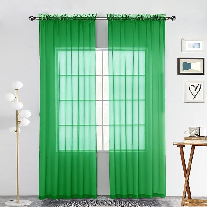 SpaceDresser Sheer Voile Window Treatment Rod Pocket Curtain Panels for Kitchen Bedroom Living Room Drapes Sunlight Filtering Privacy Semi Home Decor Assorted Colors Sizes (Green, 52 W x 54 L)
