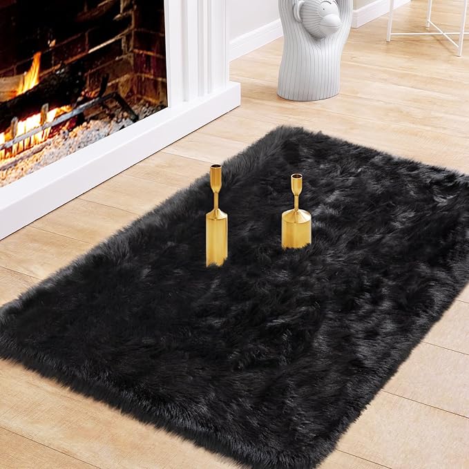 Ciicool Black Fur Fluffy Rug, 2x4 ft Small Faux Fur Rug for Bedroom, Washable Faux Sheepskin Rugs for Sofa Couch Seat Cushion, Thick Shaggy Furry Floor Carpets for Bedside Living Room