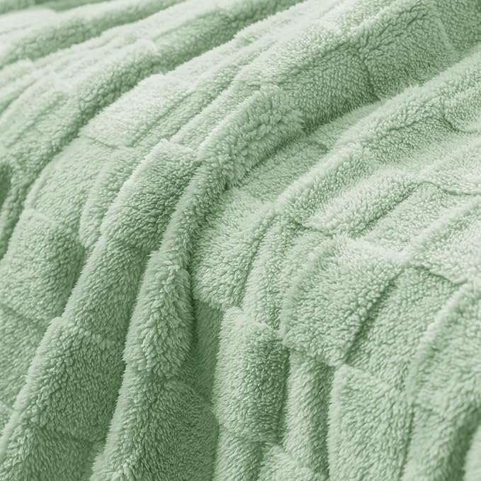 Exclusivo Mezcla Queen Size Flannel Fleece Blanket, Super Soft and Warm Lightweight Checkered Pattern Blanket for All Seasons, 90x90 Inches, Sage Green