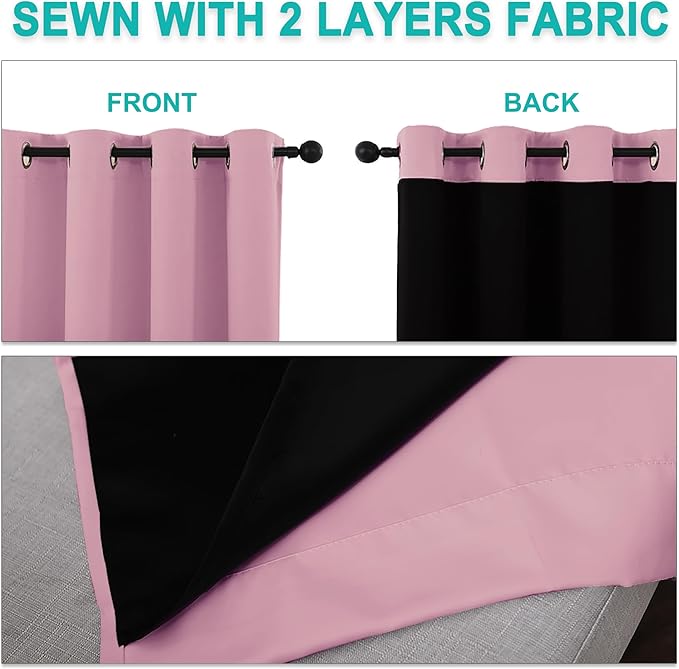 NICETOWN 100% Blackout Curtains with Black Liners, Solid Thermal Insulated Full Blackout 2-Layer Lined Drapes, Energy Efficiency Window Draperies for Bedroom (2 Panels, 42" W by 63" L, Crystal Pink)