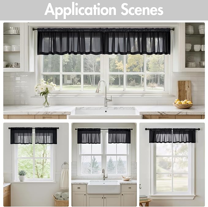 MIULEE Black Valance for Windows, 4 Panels Set, Light Filtering Small Short Valance Sheer Curtains for Living Room/Bedroom/Bathroom/Basement, 42W x 14 Inches