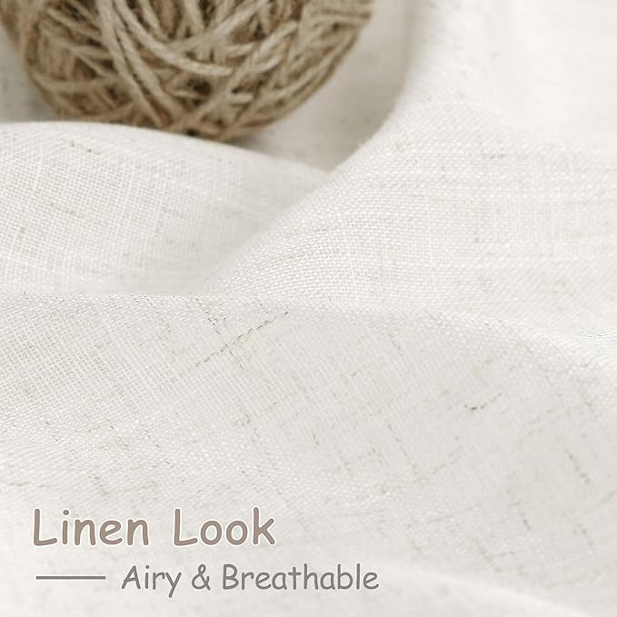 Nanspring 24 Inch Linen Curtains for Kitchen Beige White Small Window Semi Sheer Curtains Back Tab and Rod Pocket Light Filtering Drapes for Basement Short Cafe Curtain 30 x 24 Inch, 2 Panels