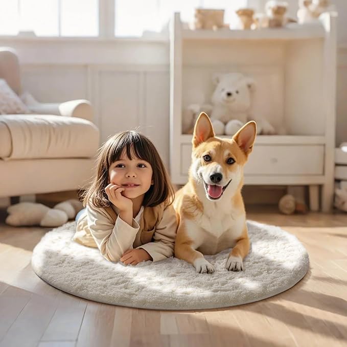 Ophanie Round Rug 2Ft Ivory Circle Area Rug, Fluffy Fuzzy Bedroom Carpet, Plush Soft Shaggy Indoor Floor Cream Living Room Rugs for Kids Home Decor Aesthetic, Nursery