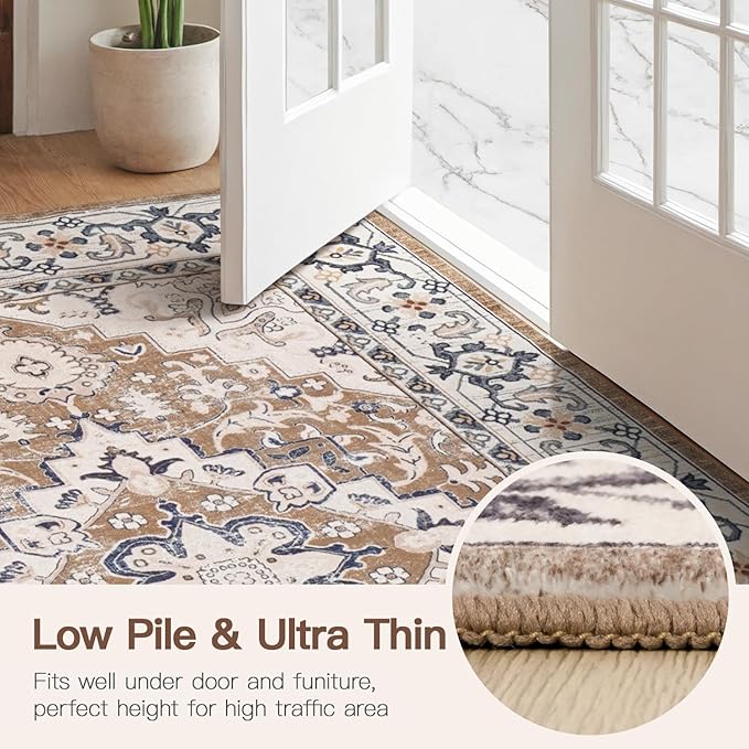 Lofus 2x8 Hallway Washable Runner Rug, Vintage Kitchen Runners Non Slip, Entryway Rugs for Bathroom Bedroom Living Room Laundry Room Floor Mat, Boho Entry Long Carpet, Floral Brown