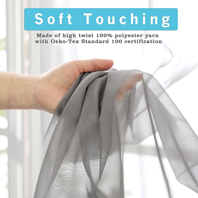 OWENIE Grey Sheer Curtains 24 Inches Long 2 Panels for Bathroom Window, Rod Pocket Light Filtering Sheer Tier Curtains for Small Kitchen Laundry Room, RV, Camper Travel Trailers, 42W x 24L, Gray