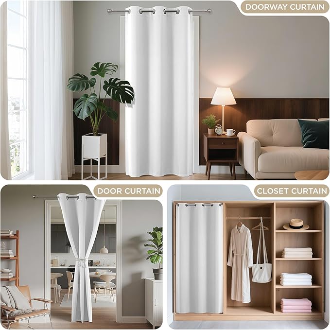 Joydeco Blackout Door Curtain for Doorway Privacy 72 Inches Long, Grommet Closet Curtain for Open Closet, Room Divider for Bedroom Living Room (Pure White 52Wx72L, 1 Panel)