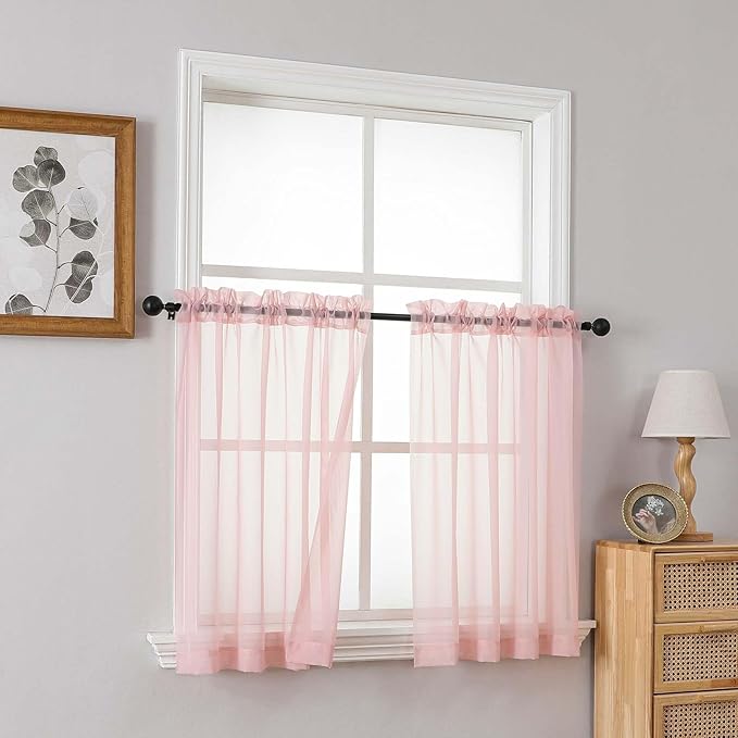 Blush Pink Small Sheer Curtains Tier 24 Inches Length 2 Pieces, Light Filtering Cafe Curtains for Living Room Bathroom, Modern Window Treatments Dual Rod Pocket Panels, 2X42Wx24L Inches