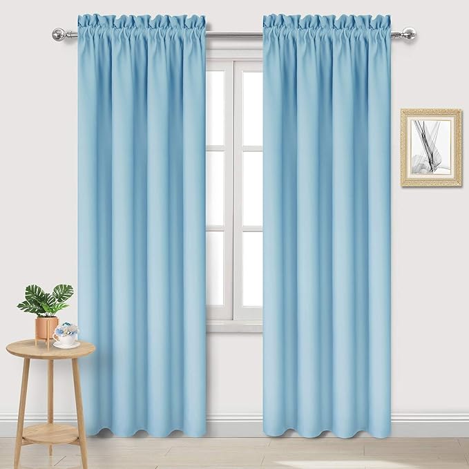 DWCN Blackout Curtains for Bedroom – Thermal Insulated Energy Saving Drapes for Living Room, Light Blue, W 38 x L 84 Inch, Set of 2 Rod Pocket Curtain Panels