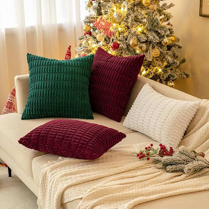 MIULEE Pack of 2 Corduroy Decorative Euro Sham Throw Pillow Covers 24x24 Inch Soft Boho Striped Pillow Covers Modern Farmhouse Home Decor for Sofa Living Room Couch Bed Pure White